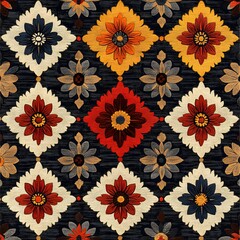 a close up of a colorful rug with a flower design
