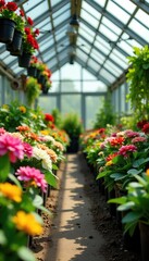 Greenhouse filled with colorful blooming flowers and lush green plants, greenhouse,  exotic