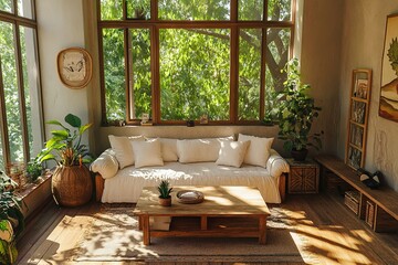 Fototapeta premium Bright Living Room Interior With Large Window, Sofa, Wooden Table and Sunlight Through Trees