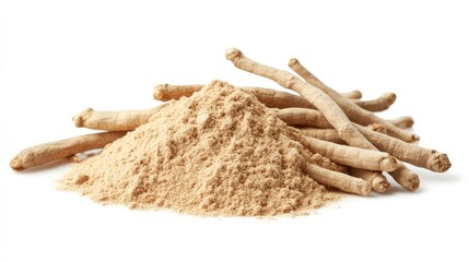 A close-up view of a mound of ashwagandha powder next to dried ashwagandha roots, showcasing its natural texture and color