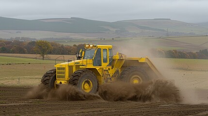 Yellow tractor on field, kicking up dust