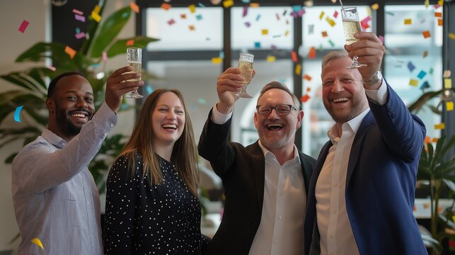 team of colleagues celebrating a project milestone, raising glasses of sparkling water, in a modern office with confetti and stylish decor in the background