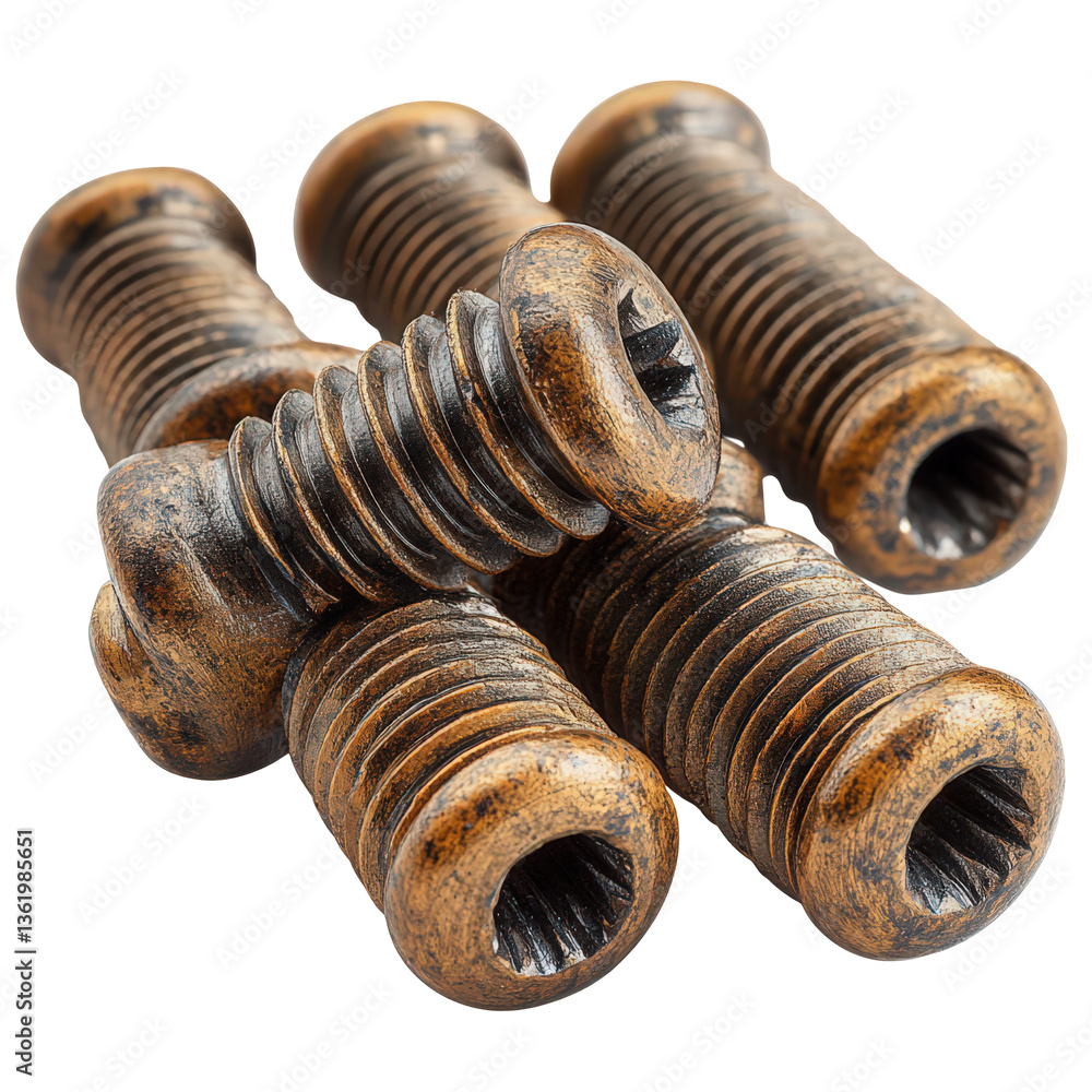 Poster oxidized machine screws clustered closely against deep darkness creating industrial focal point isol