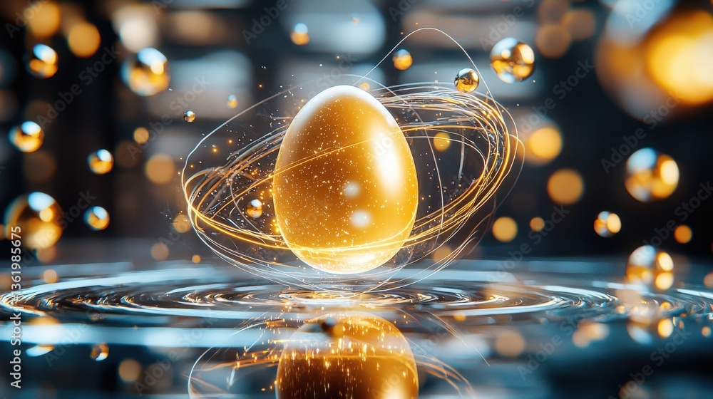 Aufkleber a mesmerizing golden egg floats amid glowing orbs and light effects, creating an enchanting and abst