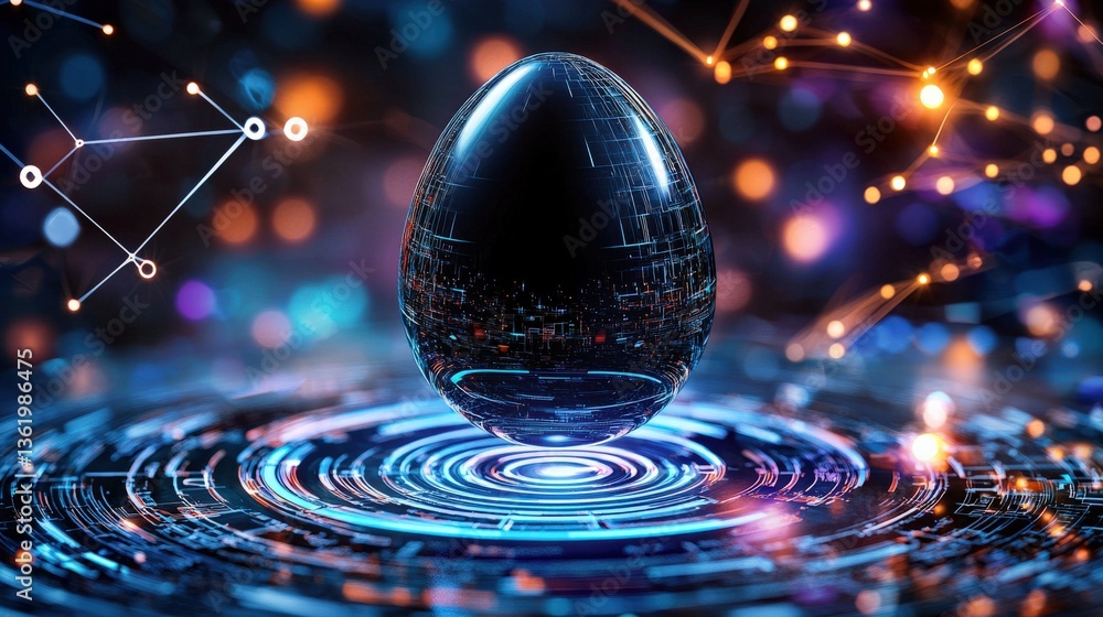 Poster a striking black egg concept suspended in a vibrant digital environment. this abstract image feature