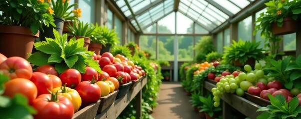 Greenhouse filled with vibrant flowers, ripe fruits, and aromatic herbs,  lush,  greenhouse market