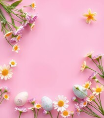Obraz premium Pastel pink background with scattered pastel Easter eggs and spring flowers, easter bunny, holiday