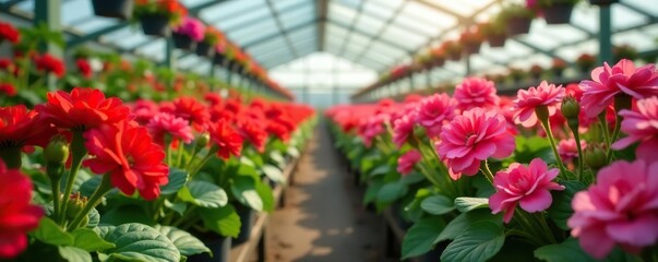 Greenhouse filled with vibrant geranium flowers in full bloom,  garden,  summer
