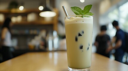 tall glass of iced matcha latte garnished with fresh mint leaves, sitting on a stylish cafe counter with minimalist decor and blurred patrons in the background