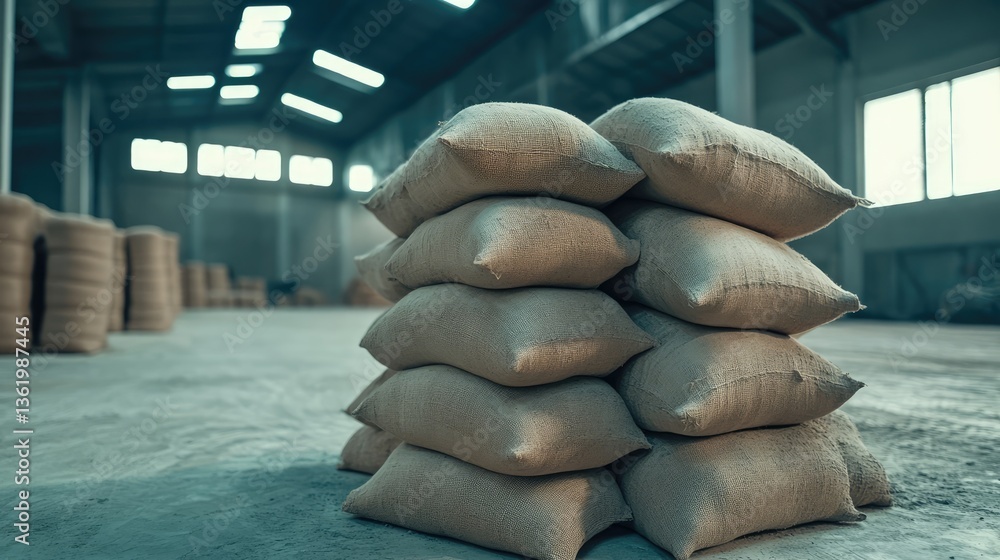 Poster stacked burlap sacks in a spacious warehouse, with natural light filtering through large windows, cr