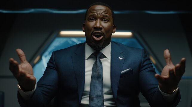 Man in Suit Gestures Animatedly in Dark Room