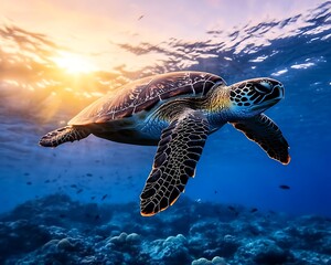 Obraz premium Turtle Underwater Sunrise