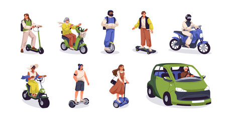 Set of different electrical transport. Ecological urban vehicles. People drive eco car, electro scooter and motorcycle, skateboard, mono wheel. Flat isolated vector illustrations on white background