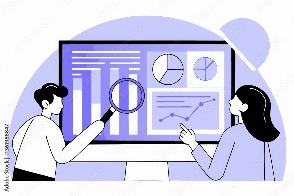 Poster a digital illustration depicting two individuals analyzing data on a computer screen featuring graph