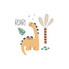 Roar dinosaur quote. Cute dinosaur vector character. Baby illustration of dino in cartoon style. Childish art for nursery, poster, textile and kids apparel.