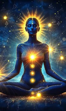 Mystical Meditation with Glowing Chakras in Cosmic Energy Field, a woman meditating in a lotus position, surrounded by a glowing cosmic aura. Her body radiates vibrant chakra energy, with each energy 