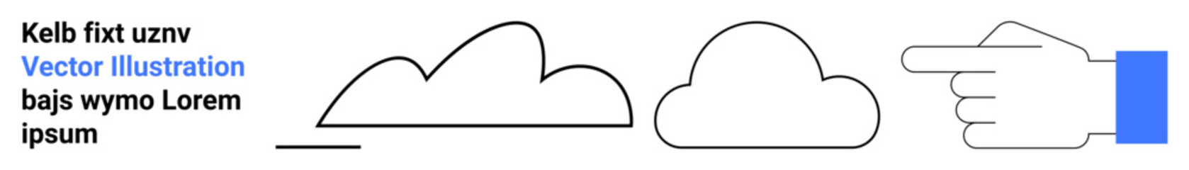 Hand pointing at abstract cloud shapes, black lines, and placeholder text. Ideal for communication, navigation, decision-making, cloud technology, minimalism, instructions simple landing page