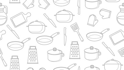 Kitchen utensils seamless pattern background. Kitchen set seamless pattern. Doodle of kitchen set, cooking utensils seamless pattern. Perfect for fabrics, textiles, wallpaper, decor, print, packaging