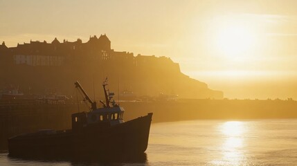 Fototapeta premium Serene Sunrise Over Historic Castle and Fishing Boat in Harbor