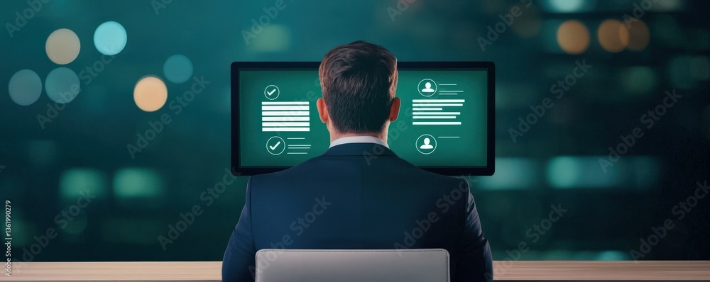 Poster productivity tools automation remote concept. business professional working on computer in modern of