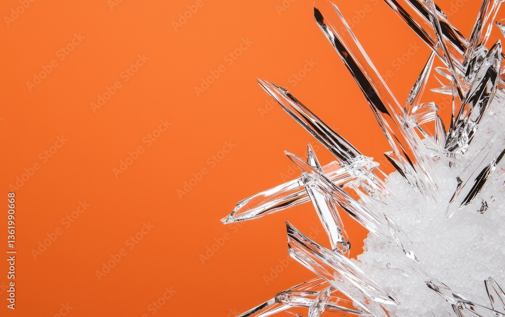 Poster close-up of ice crystals on a vibrant orange background. the ice crystals are sharp and detailed, cr