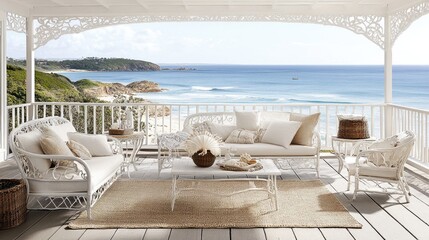 Coastal Serenity: White Wicker Furniture on a Balcony Overlooking the Ocean