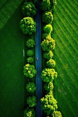 Green landscape with a top view of lush green trees lining a winding road,  perspective,  travel