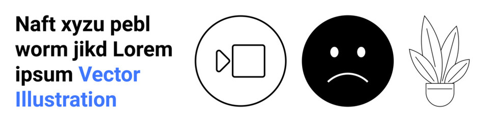 Video camera line art, black sad face, minimalistic potted plant outline, lorem ipsum text. Ideal for education, emotions, online streaming, minimalism, placeholders technology flat landing page