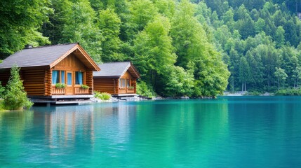 Fototapeta premium Lakeside Cabins: Idyllic lakeside cabins nestled amidst lush greenery, the vibrant blue waters mirroring the tranquil scene, creating a perfect blend of nature and architecture.