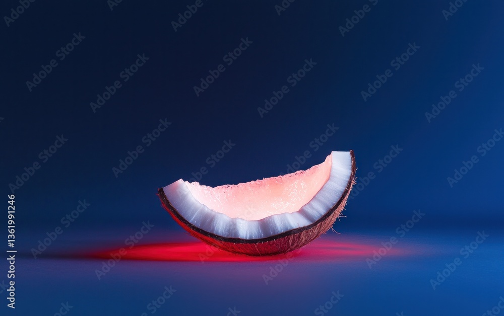 Poster a segment of coconut illuminated with red light against a dark blue background. the coconut is posit