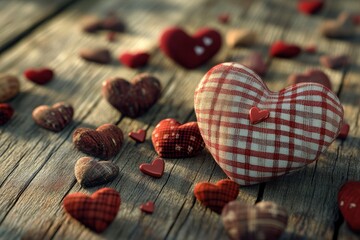 a collection of heart-shaped objects scattered on a wooden surface 