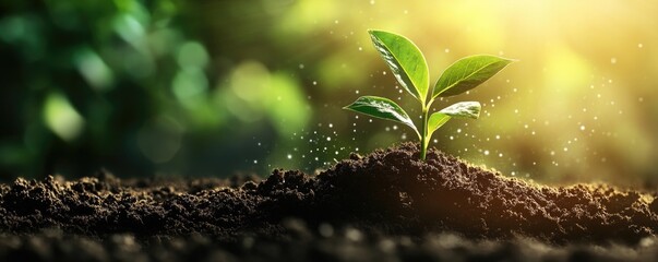 A vibrant natural scene with green leaves growing from the textured soil surface.