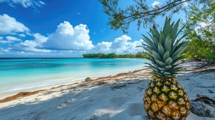 A vibrant pineapple on a sandy beach with turquoise waters and lush greenery under a bright blue sky