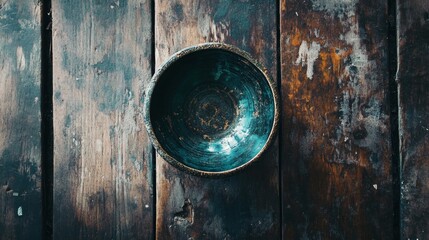 Single ceramic bowl on rustic distressed wood surface