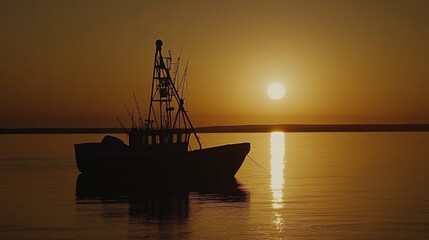 Fototapeta premium Silhouette of Fishing Boat Against Golden Sunset and Calm Water