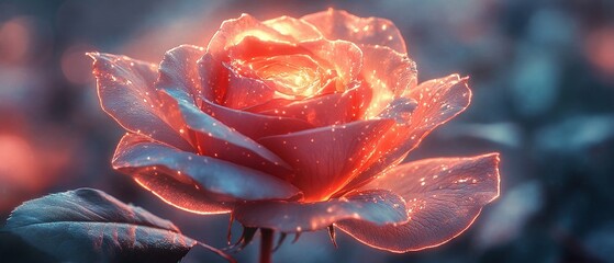 "A surreal digital painting of a magical glowing rose, intricate petals illuminated from within, watercolor textures, white background 