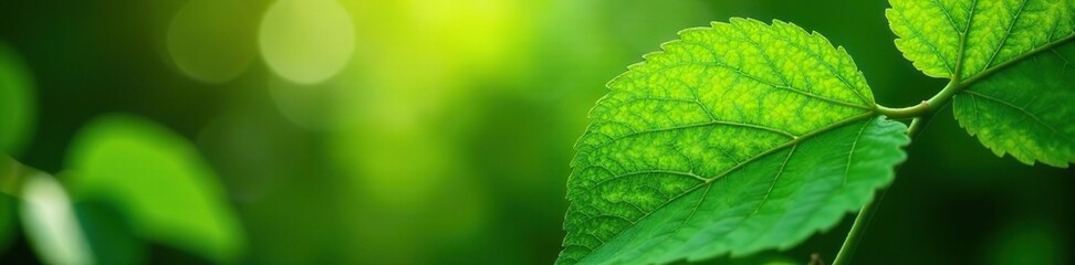 Green leaf with intricate veins and vibrant hues, bathed in sunlight against a blurred greenery background in a tranquil garden setting,  ecology,  blurred greenery