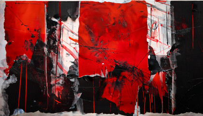 Grunge style black and red collage with torn paper textures, rough brushstrokes and artistic chaos
