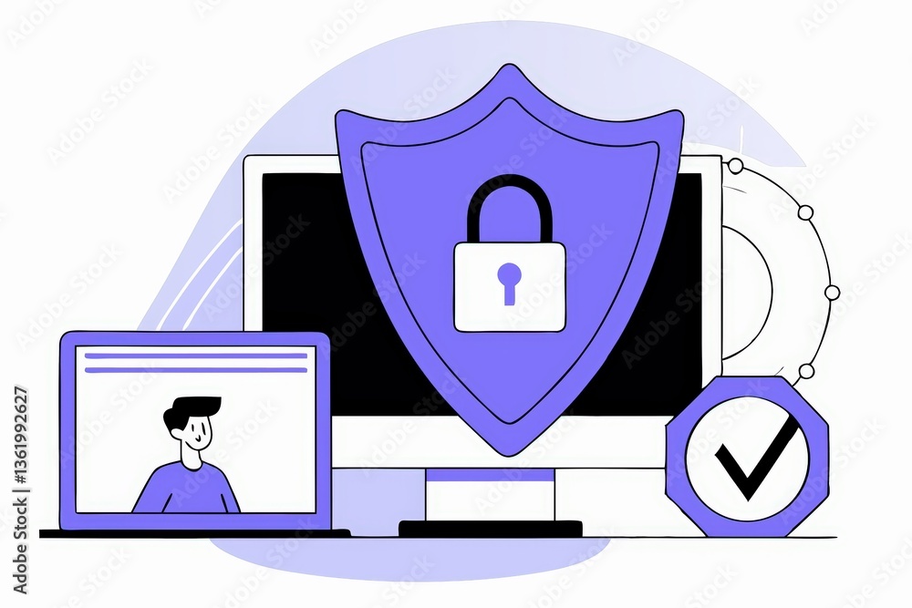 Poster digital security concept featuring a computer, a shield symbol with a lock, and a user interface, em