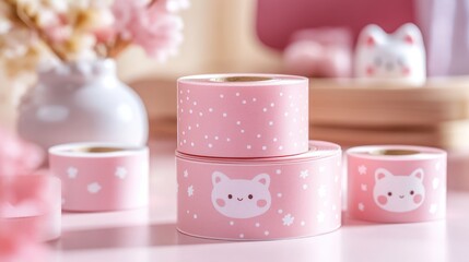 Cute pastel pink decorative tape rolls with cat designs, set against a soft-focus background of flowers and a vase