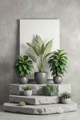 Stone Podium with Tropical Plants and Frame