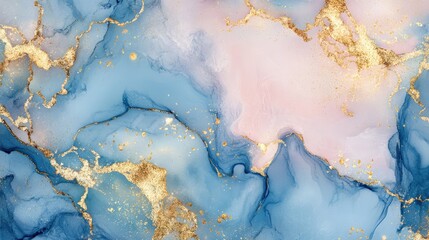 Abstract fluid art featuring soft blue and pink hues with gold accents, creating a serene and elegant background