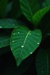Green leaf with rain drop in jungle, water droplet on leaves, minimal pattern, tropical forest, dark background, greenery wallpaper, botanical garden, green leaf,  texture