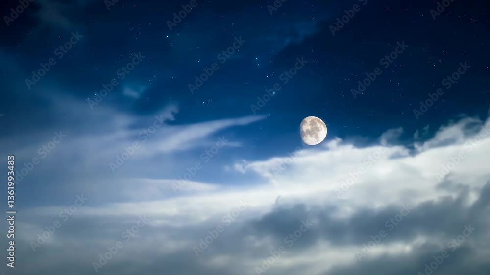 Poster a large moon is in the sky above a cloudy sky. the moon is the only light in the sky