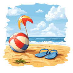 Obraz premium Cartoon beach scene with a ball, umbrella, and sandals under a cloudy sky isolated on transparent background