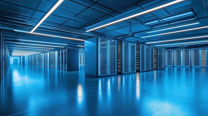 Glowing server racks in a modern data center, showcasing advanced technology and digital infrastructure.