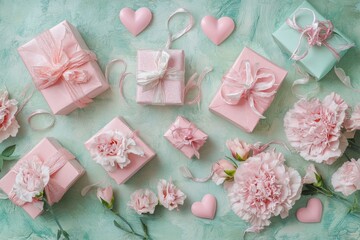 a collection of pink gift boxes and flowers on a light green background The gift