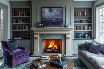 Elegant living room with fireplace, bookshelves, purple armchair, framed artwork, and soft lighting.