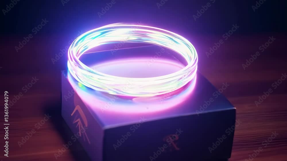 Poster a box with a purple and white lighted bracelet on top of it. the bracelet is lit up and has a rainbo