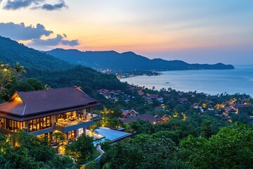 Tropical Villa Resort with Infinity Pool Overlooking Ocean at Sunset, Island Scenery
